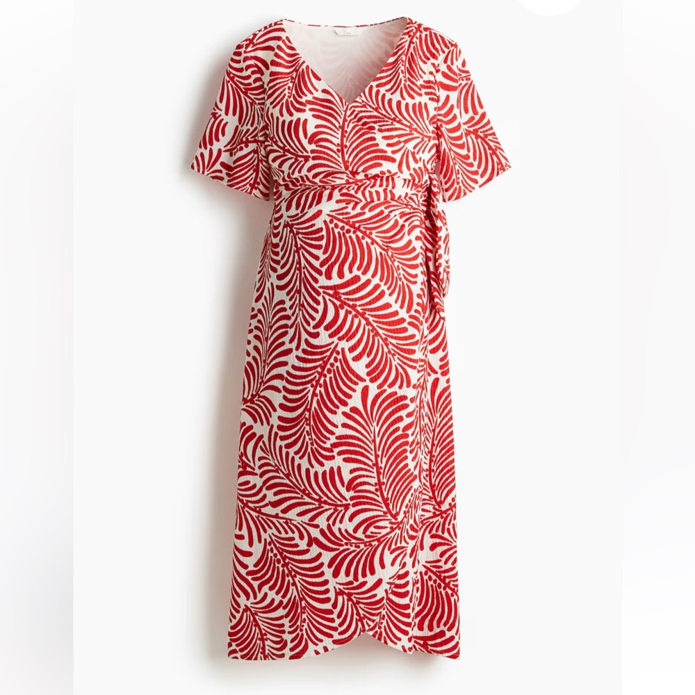 H&M MAMA Maternity Red and White Leaf Print Midi Dress Small